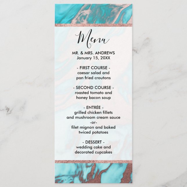 Menu Artsy Chic Rose Gold Aqua Mint Blue Marble Motif (Devant)