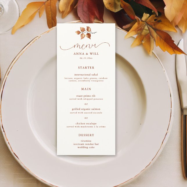 Menu Automne Feuilles Terracotta Élégant Mariage de aut (autumn leaves fall wedding menu card watercolor terracotta elegant romantic calligraphy simple class)