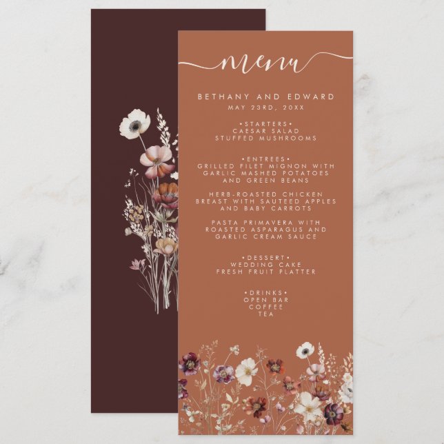 Menu Automne Floral Terracotta Mariage (Devant / Derrière)