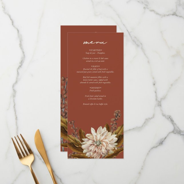 Menu Automne Floral Terracotta Mariage de automne d'aqu (Devant/Arrière en situation)