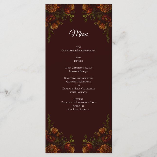 Menu Automne Mariage gothique Rustic Maroon (Devant)