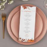 Menu automne moderne mariage de feuillage de terre cuit<br><div class="desc">Moderne rustique automne rouille brûlée orange terre cuite aquarelle couleur botanique fleurs feuillage feuille et citrouille élégant script carte de menu personnalisée.</div>