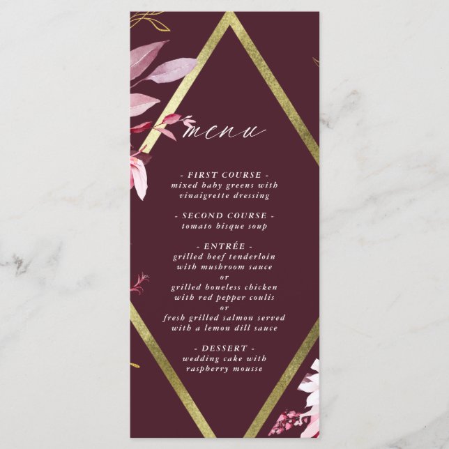 Menu Automne Romance Gold Frame Bourgogne Mariage (Devant)