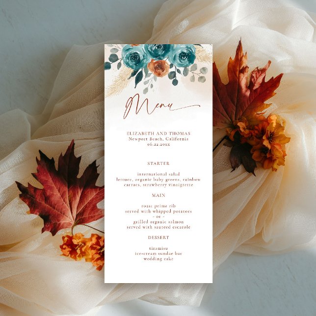 Menu Automne Turquoise Burnt Orange Rose Aquarelle vert (fall in love wedding menu teal burnt orange terracotta watercolor floral botanical earthy)