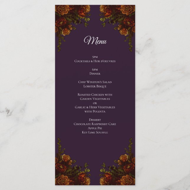 Menu Automne Violet Rustique Orange Mariage Élégant got (Devant)