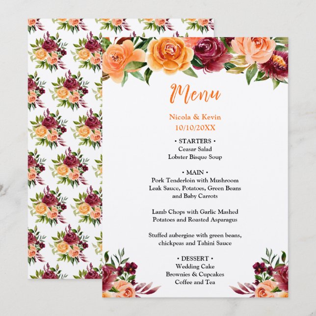 Menu Autumn Burgundy and Orange Floral Wedding (Devant / Derrière)