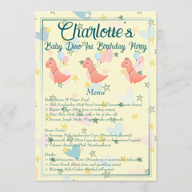 Menu Baby Dino fête d'anniversaire (Devant)