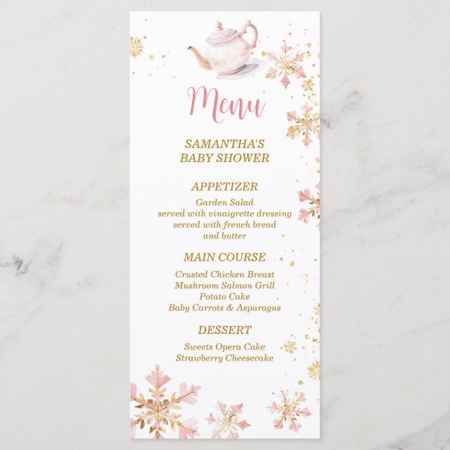 Menu Baby Is Brewing Pink Winter Tea Party Baby Shower (Devant)