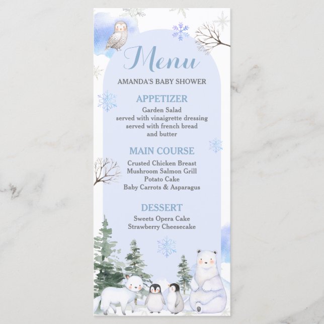 Menu BABY SHOWER ARCTIQUE ANIMAL Snowflakes Arbres (Devant)