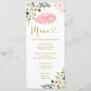 Menu Baby shower Ballerina Tutu rose et or