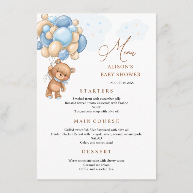 Menu Baby shower Bear Blue Balloons