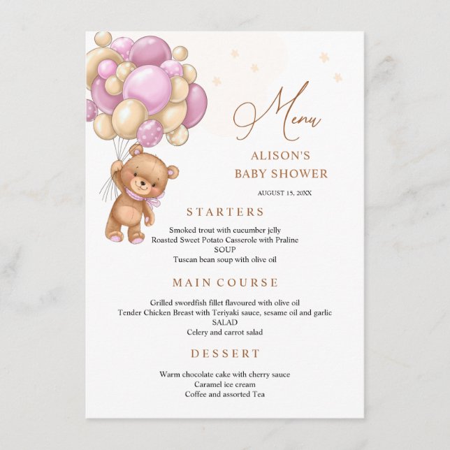 Menu Baby shower Bear Pink Ballots (Devant)