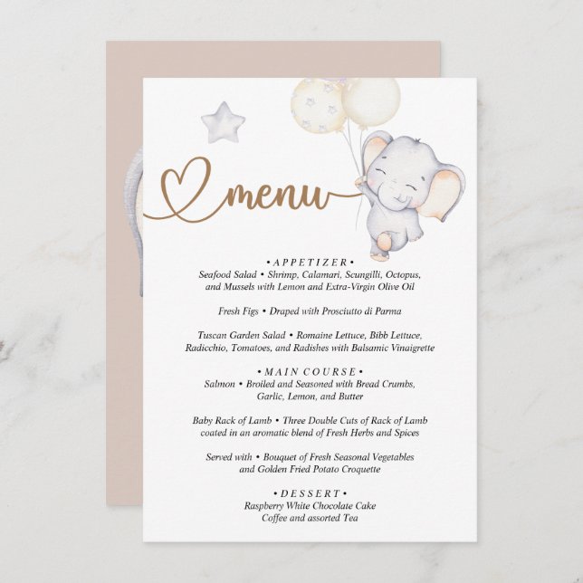 Menu Baby shower bébé éléphant (Devant / Derrière)