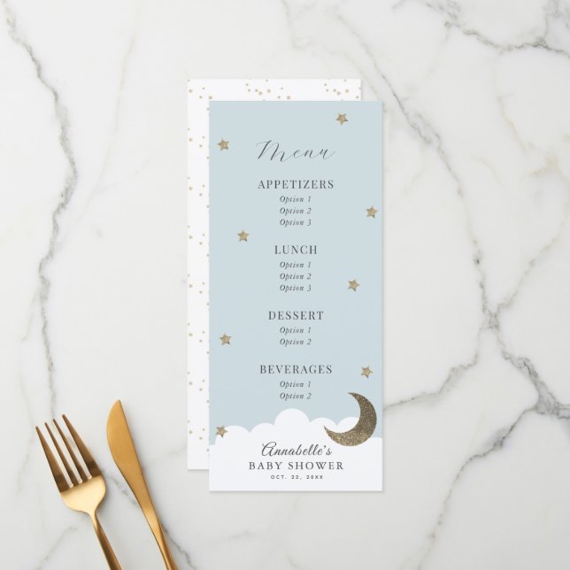 Menu Baby shower bleu Twinkle Little Star Moon (Devant/Arrière en situation)