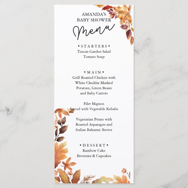 Menu Baby Shower bohème rustique d'automne  (Devant)