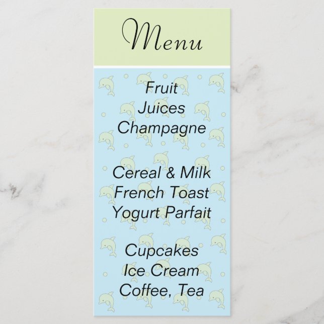 Menu baby shower "Dauphins Bleus" (Devant)