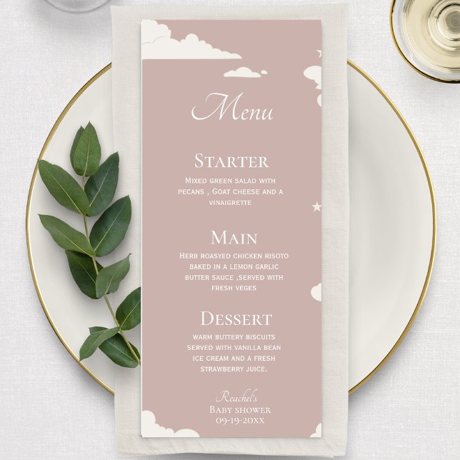 Menu Baby shower de thème nuage minimal rose rustique (Créateur téléchargé)