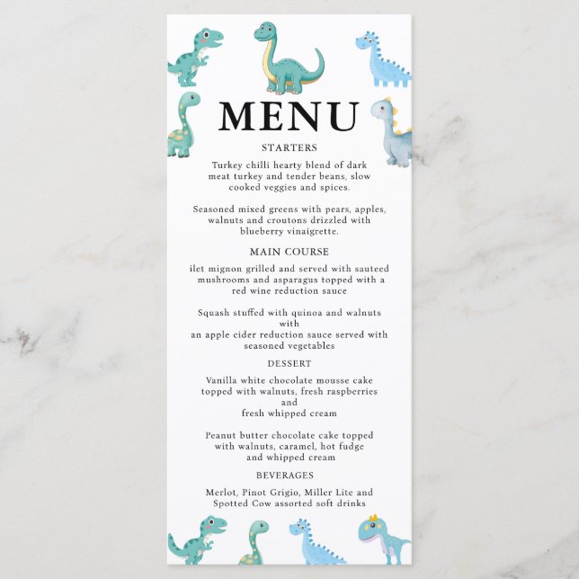 Menu Baby Shower Dinosaure Élégant Blanc (Devant)