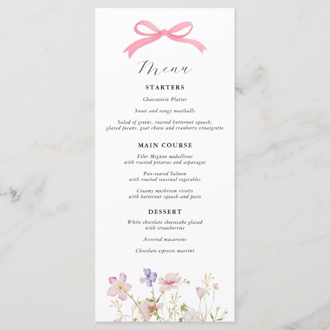 Menu Baby shower Fleur sauvage rose Bow (Devant)