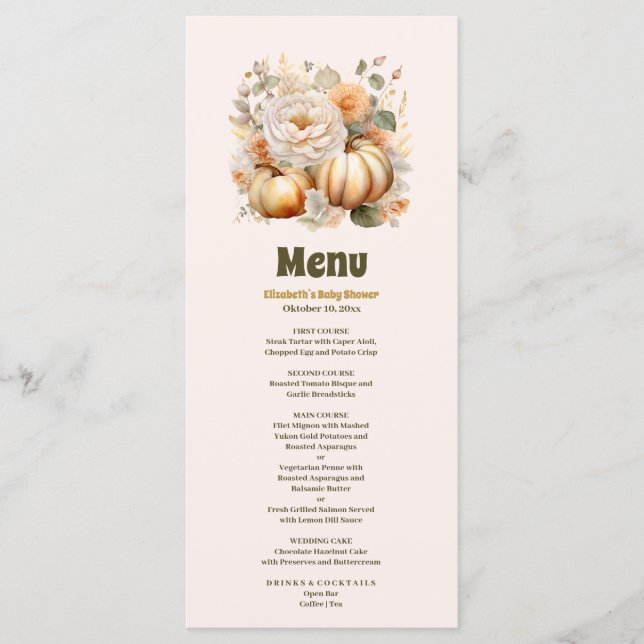 Menu Baby shower floral de petite citrouille (Devant)