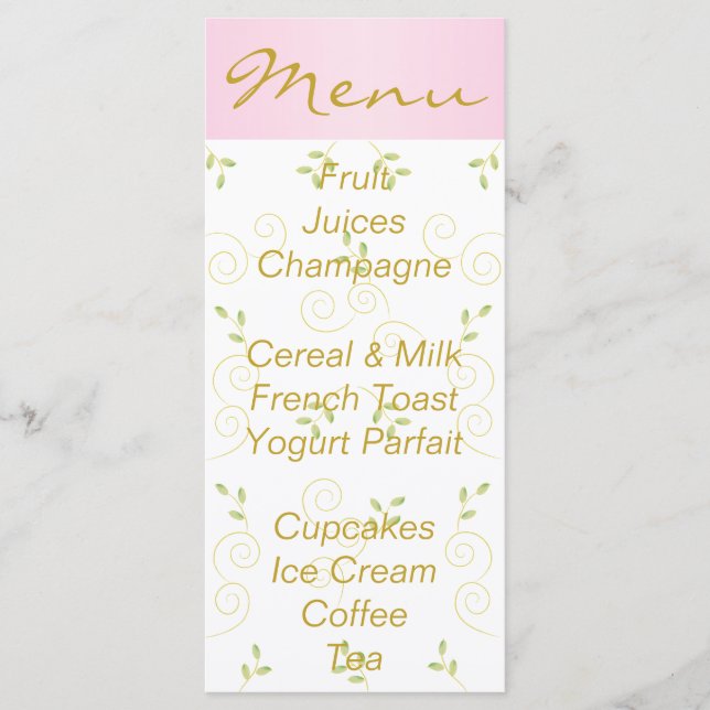 Menu baby shower "Oiseaux roses d'or" (Devant)