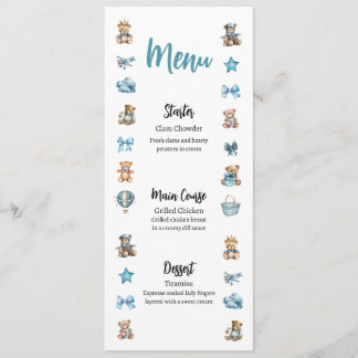 Menu Baby shower Ours Bleu Teddy