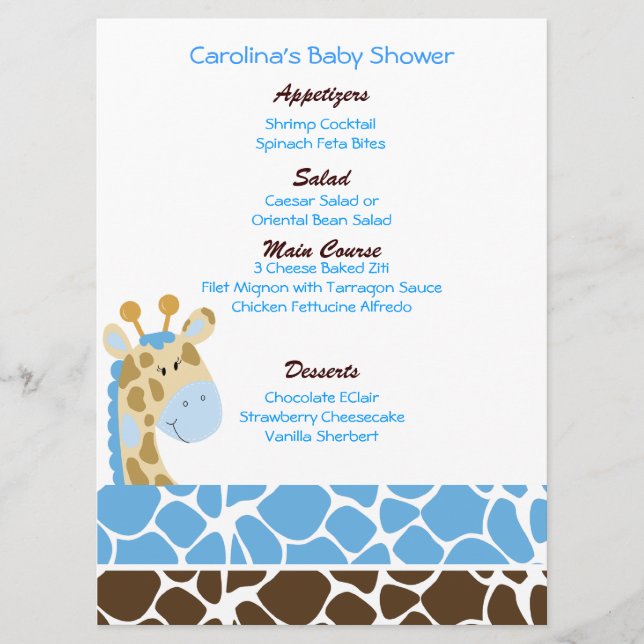 Menu Baby shower personnalisé bleu Jungle Giraffe (Devant)