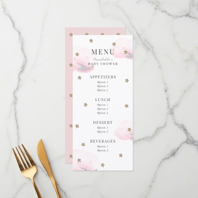 Menu Baby shower rose Little Star Twinkle (Devant/Arrière en situation)
