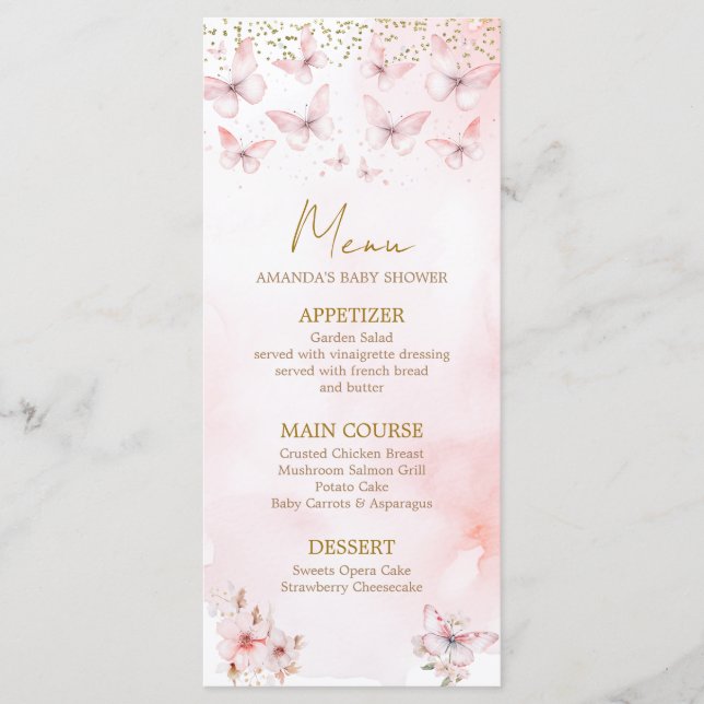 Menu Baby shower rose papillon Baby shower fille (Devant)