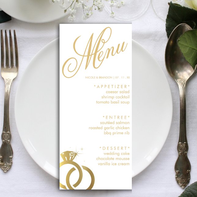 Menu Bague Diamond Blanc & Or Réception de mariage (White & Gold Diamond Ring Wedding Reception Menu)