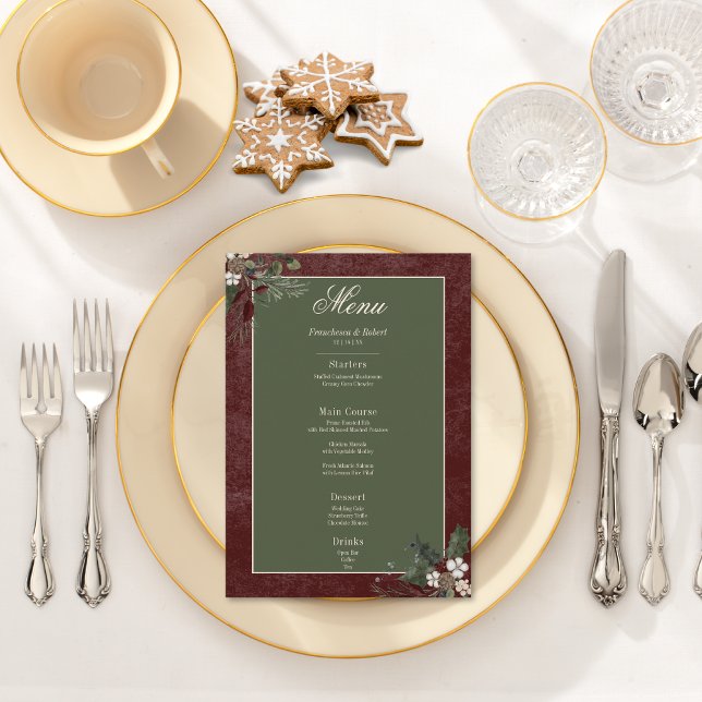 Menu Baies d'hiver rustiques et Mariage de Bourgogne (Rustic Winter Berries & Pine Burgundy Wedding Menu)