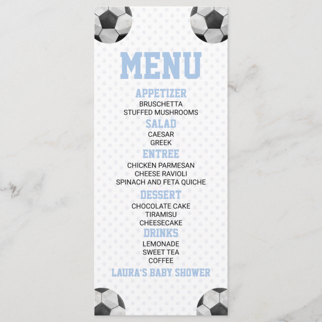 Menu Balle de football Sports Baby shower bleu Nourritu (Devant)