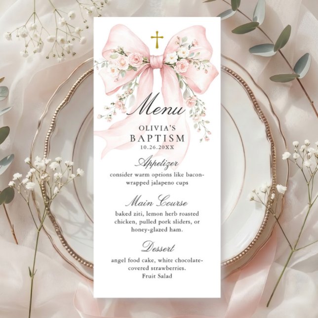 Menu Baptême chrétien élégant d'une fille - Ruban flora (Créateur téléchargé)