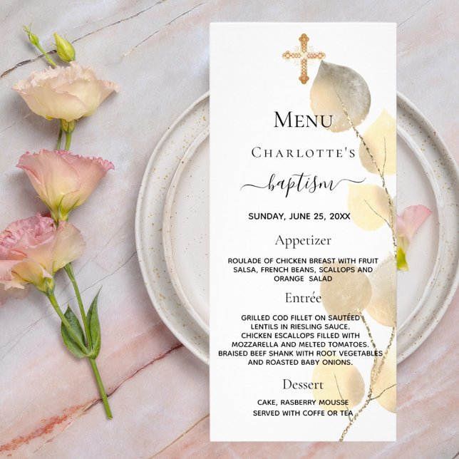 Menu Baptême croix d'eucalyptus doré blanc (Créateur téléchargé)