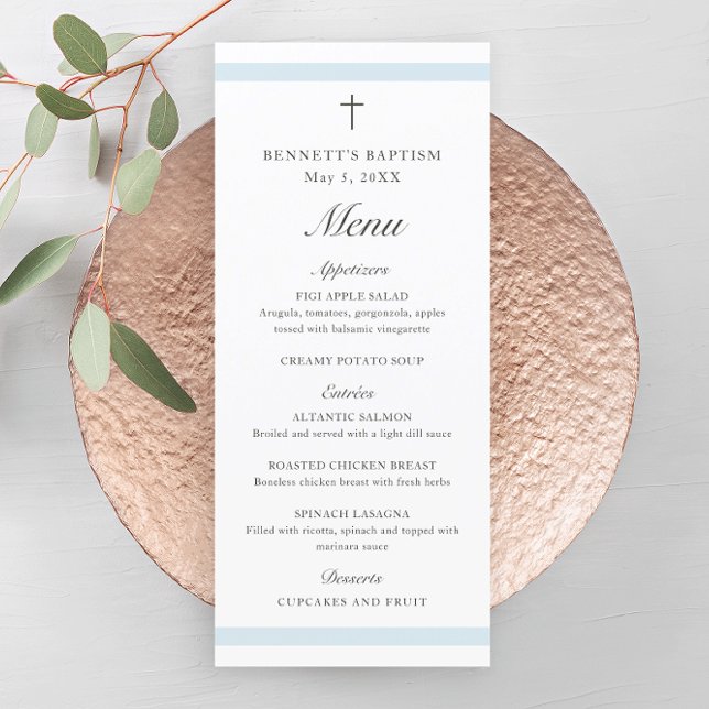 Menu Baptême élégant moderne bleu garçons (Modern boys baptism menu with script headlines and simple cross.)