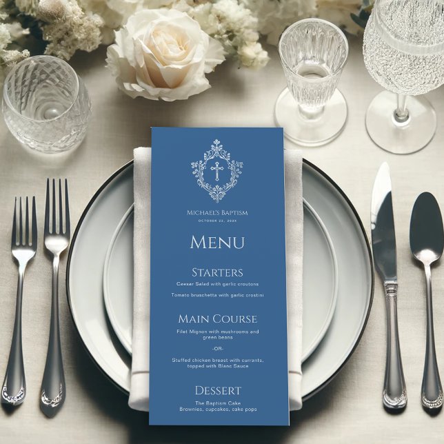 Menu Baptême Garçon Classique Bleu Crête Vintage Élégan (Créateur téléchargé)