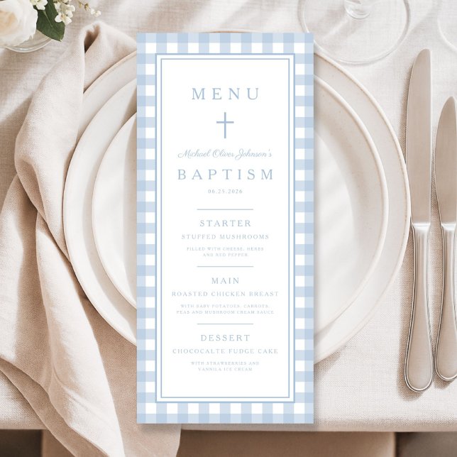 Menu Baptême Garçon Gingham Bleu Poussiéreux Moderne (Modern Dusty Blue Gingham Boy Baptism Menu)