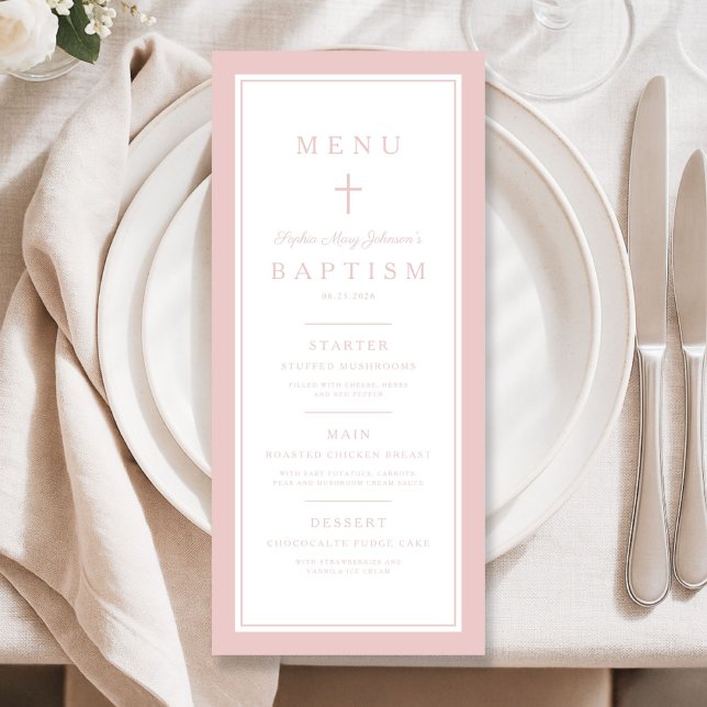 Menu Baptême Moderne Fille Croix Rose (Modern Pink Cross Girl Baptism Menu)