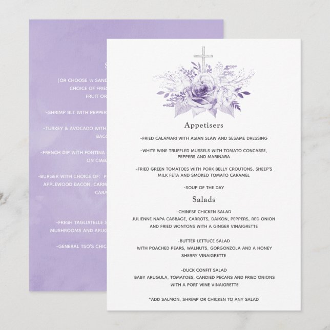 Menu Baptême ou baptême floral Lilac et Argent (Devant / Derrière)