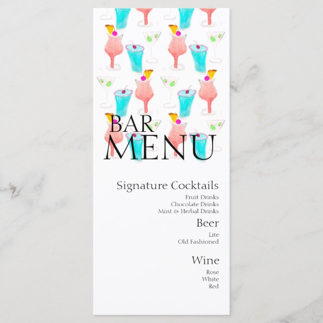 Menu Bar à boissons cocktail vin aquarelle Mariage  (Devant)