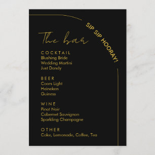 Menu Bar à boissons de mariage moderne noir et or