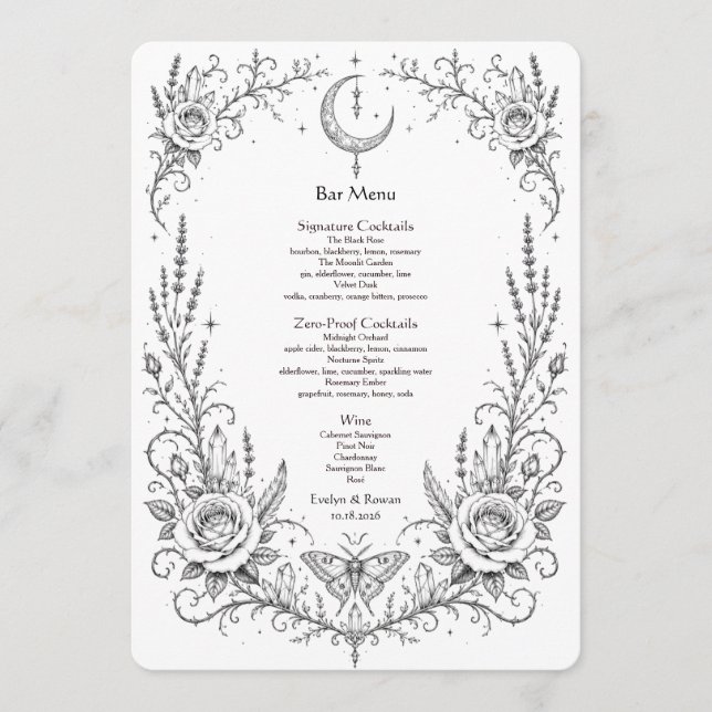 Menu Bar de mariage botanique gothique noir et blanc (Devant)