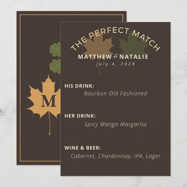 Menu Bar de mariage rustique brun foncé et vert olive e (Devant / Derrière)