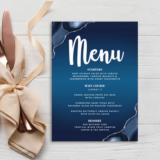 Menu Bar Mitzvah Modern Navy Blue Ombre Agate Script (Créateur téléchargé)