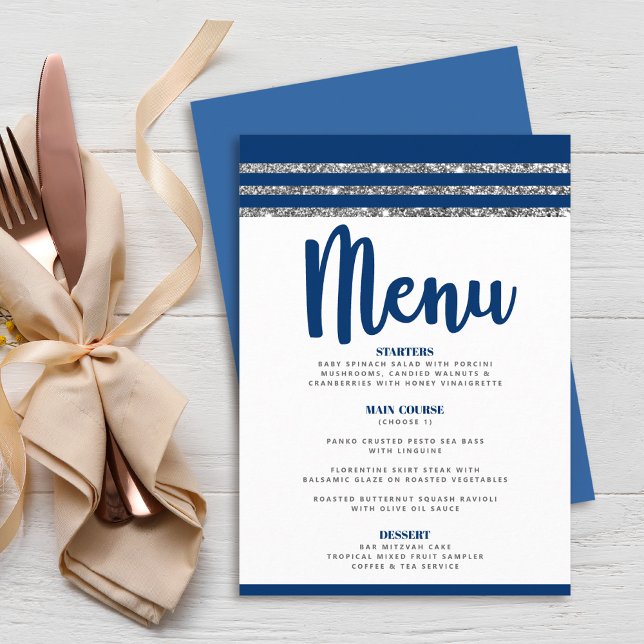 Menu Bar Mitzvah Modern Navy Blue Silver Tallit Script (Créateur téléchargé)