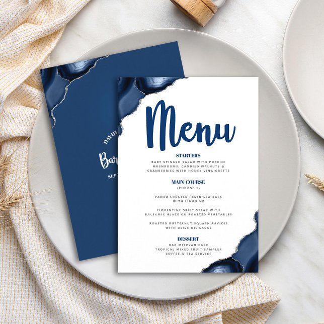 Menu Bar Mitzvah Moderne Gras Bleu Marine Agate Script (Créateur téléchargé)