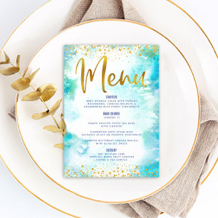 Menu Bar Mitzvah Turquoise Or Papier Pailleté Doré Aqua