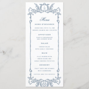 Menu Baroque bleu français   Mariage monogramme