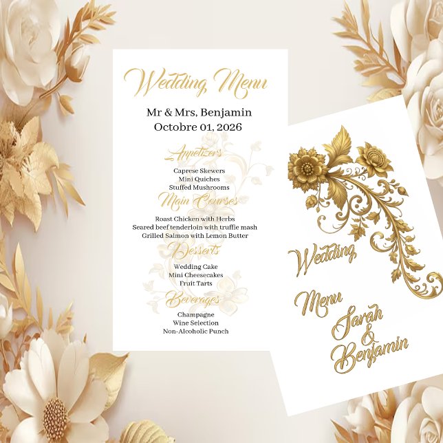 Menu Baroque doré, motif floral en écriture cursive | É (Créateur téléchargé)