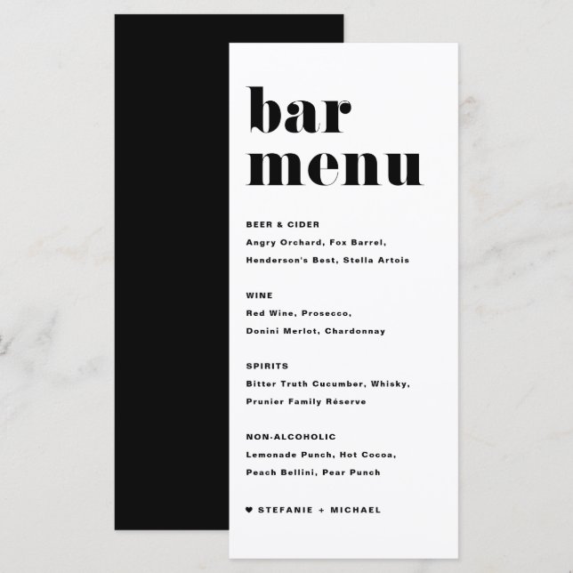 Menu Barre de Mariage de typographie noire en gras rétr (Devant / Derrière)